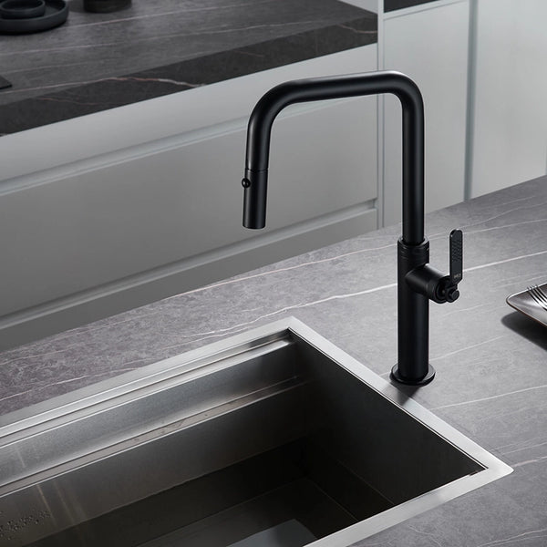 Rubinetto da cucina estraibile Selena nero opaco, dettaglio della doccetta estraibile - Exagonshop