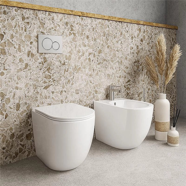 Sanitari filomuro Linea Emme rimless scarico a vortice sedile soft close