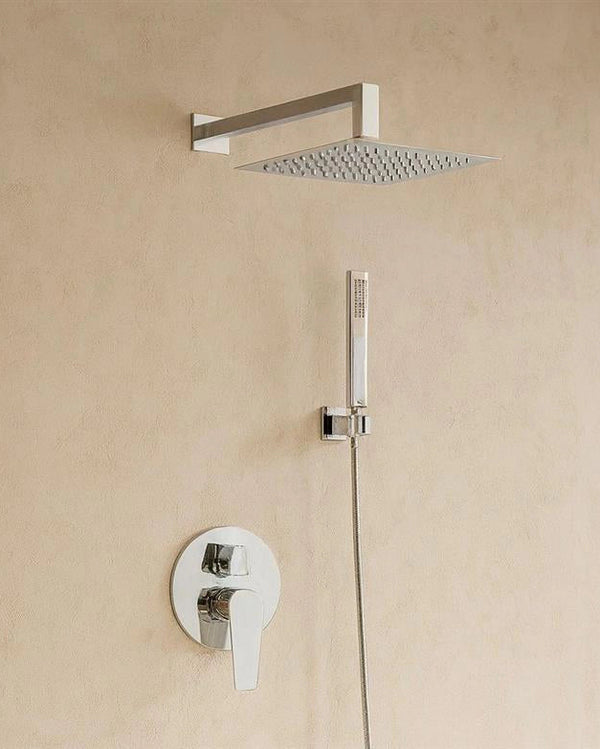 Set miscelatore incasso soffione 20x20 doccia slim cromo Cromo Lucido, vista frontale della maniglia e della bocca di...