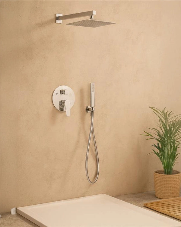 Set miscelatore incasso soffione 20x20 doccia slim cromo Cromo Lucido, vista frontale della maniglia e della bocca di...