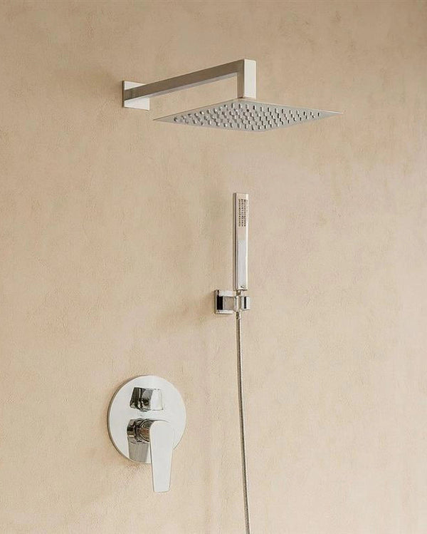 Set miscelatore doccia incasso 2 vie con soffione 30x30 Cromo Lucido, vista frontale della maniglia e della bocca di...