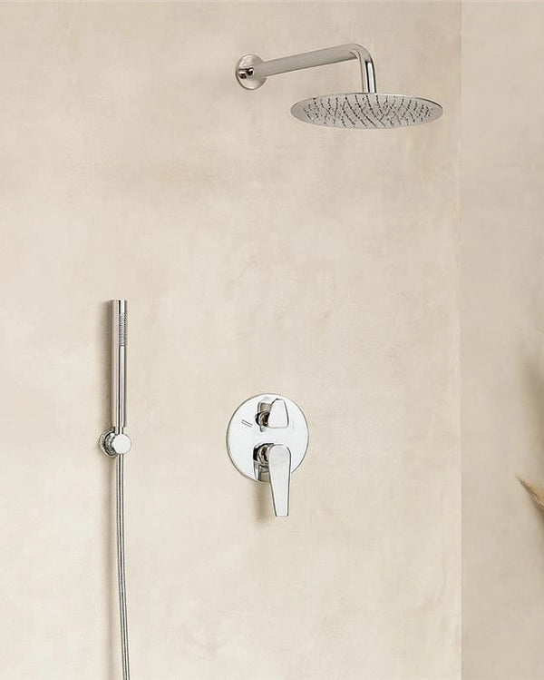 Set miscelatore incasso soffione 20 cm braccio 30 cm Cromo Lucido, vista frontale della maniglia e della bocca di...