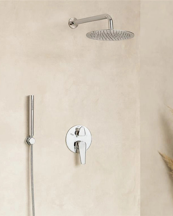 Set miscelatore incasso soffione 30 cm slim e doccetta Cromo Lucido, vista frontale della maniglia e della bocca di...