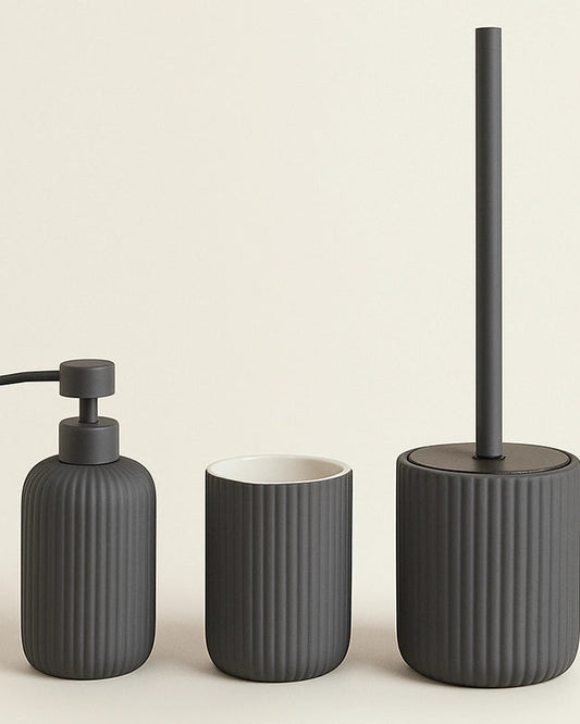 Set accessori bagno in ceramica grigio Color 3pz, dettaglio ravvicinato del materiale e dell'aggancio - Exagonshop