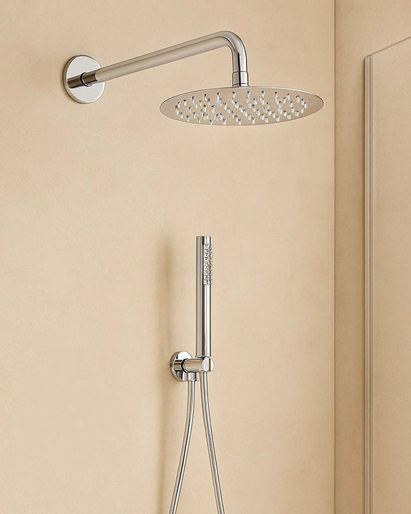 Set soffione doccia 25 cm slim tondo Smart braccio 30 cm e Cromo Lucido, vista frontale della maniglia e della bocca di...