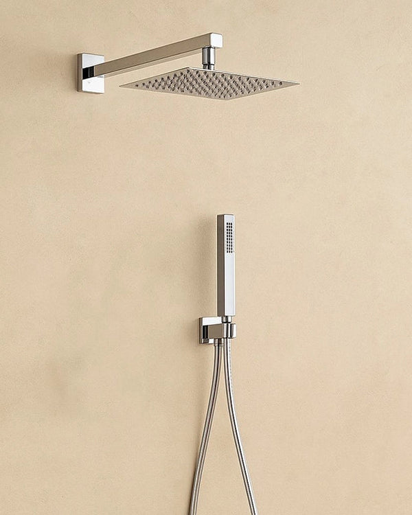 Set soffione doccia 25x25 slim Smart quadro braccio 33 cm e Cromo Lucido, vista frontale della maniglia e della bocca di...