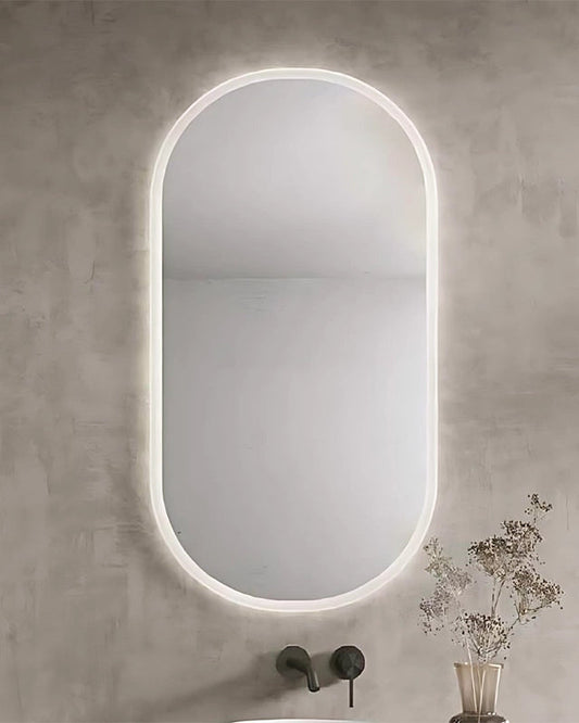 Specchio 101x53 retroilluminato ovale spenta, dettaglio del corpo lampada e dei materiali - Exagonshop