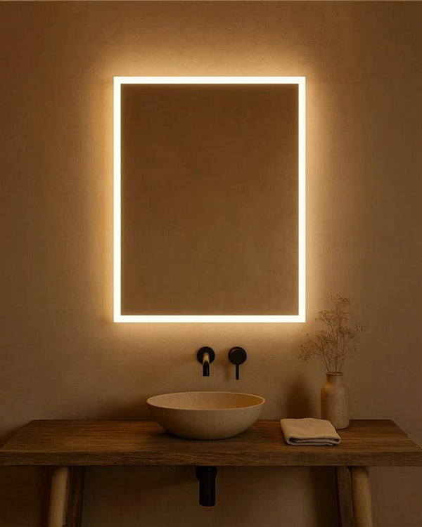 Specchio 60x80 Bagno retroilluminato a led in naturale accesa in ambiente, design e diffusione della luce - Exagonshop