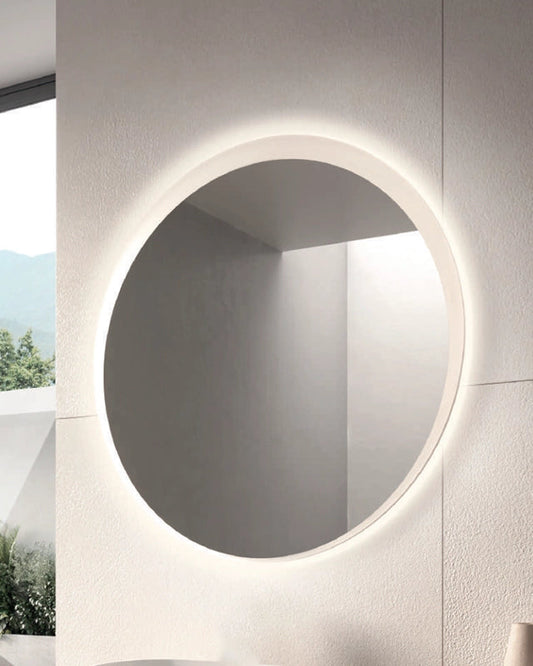 Specchio 90 cm retroilluminato tondo in lucido accesa in ambiente, design e diffusione della luce - Exagonshop