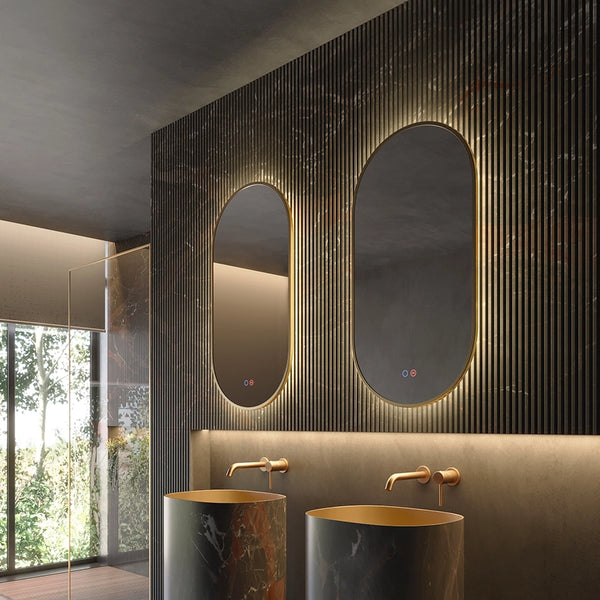 Specchio 90x50 retroilluminato 3 Led oro spazzolato Pisa spenta, dettaglio del corpo lampada e dei materiali - Exagonshop
