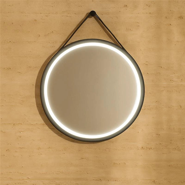 Specchio tondo illuminato 70 cm in metallo e cintura in ecopelle
