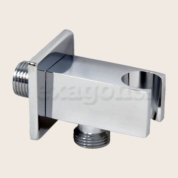 Supporto Con Presa Acqua Quadra Ottone Cromato Cromo, vista frontale della maniglia e della bocca di erogazione - Exagonshop