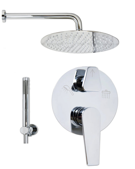 Set miscelatore incasso soffione 30 cm slim e doccetta Cromo Lucido, dettaglio ravvicinato della finitura e del marchio...