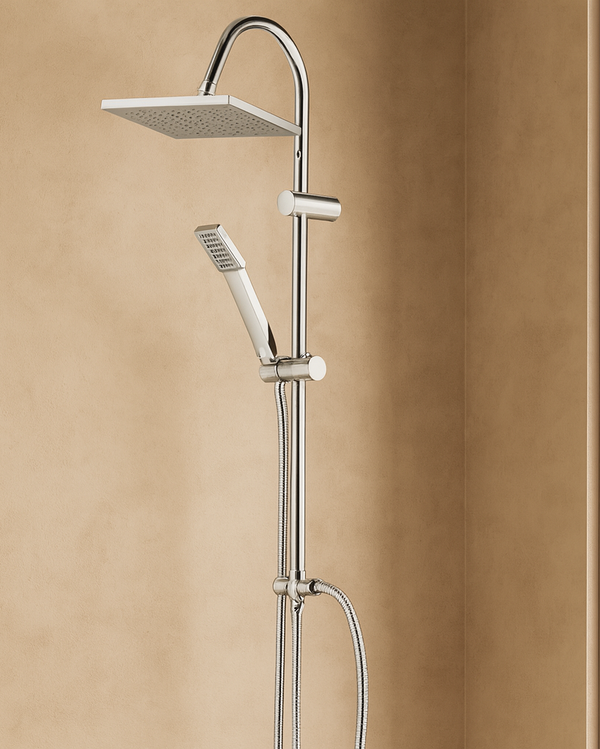 Colonna doccia con soffione 20x20 in acciaio cromo Platinum Cromo Lucido in cromato, vista frontale della maniglia e...