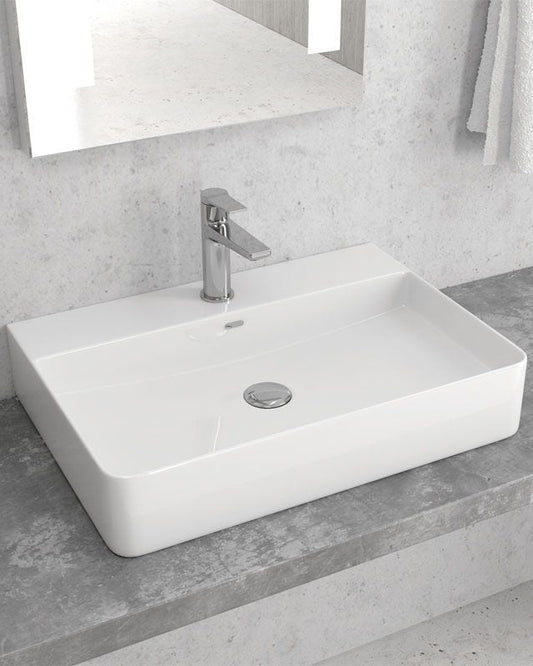 Lavabo 60x42 Da Appoggio con bordo rubinetteria In, vista frontale su sfondo bianco - Exagonshop