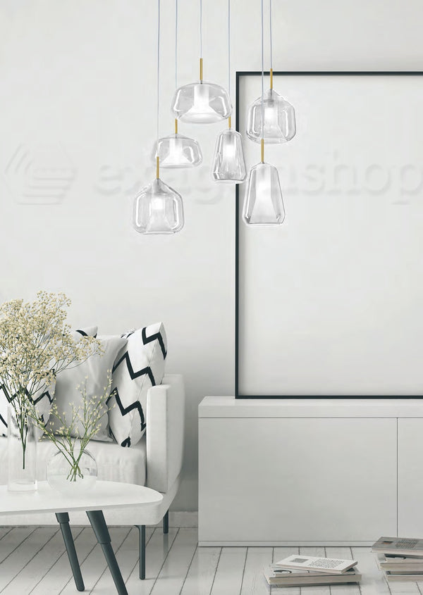 Miloox X-Ray Lampadario sospeso 6 Luci con vetro Trasparente e rosone oro spazzolato
