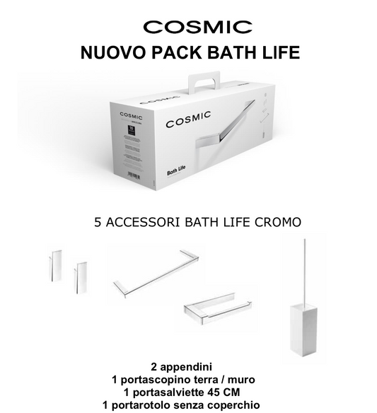 Cosmic Bathlife Set Accessori bagno terra o muro 5pz cromo, dettaglio ravvicinato del materiale e dell'aggancio...