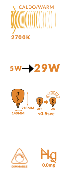 Lampadina ambra Vintage E27 luce calda 310 lumen 2700k, vista posteriore con attacco elettrico - Exagonshop