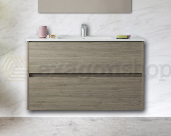 Mobile Bagno 100x45 Rovere Scuro lavabo in porcellana e specchio Rigo