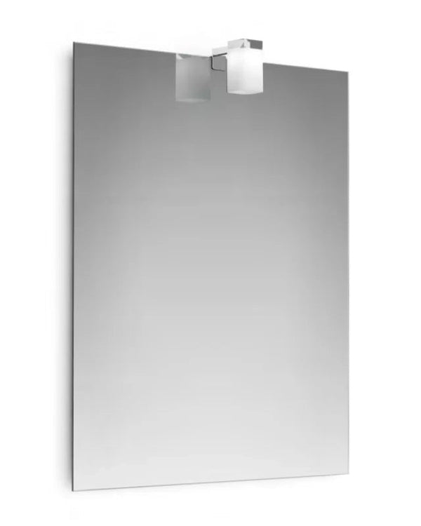 Specchio bagno 60x80 con Lampada a bicchiere e telaio eko spenta, dettaglio del corpo lampada e dei materiali - Exagonshop