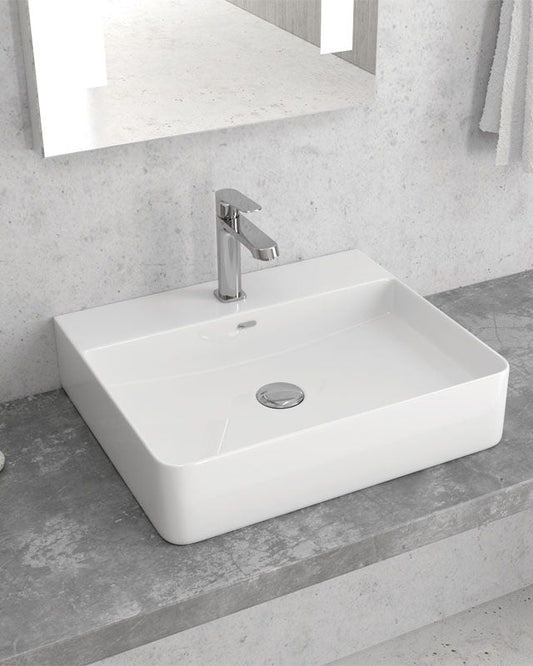 Lavabo 50x42 Da Appoggio con bordo rubinetteria In, vista frontale su sfondo bianco - Exagonshop
