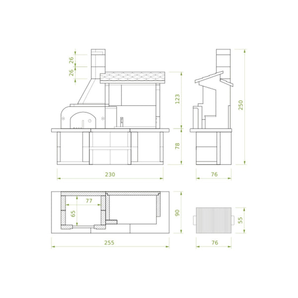 Palazzetti Antille 2 barbecue con forno a legna grezzo con braciere laterale con piano in Marmotech effetto granito grigio