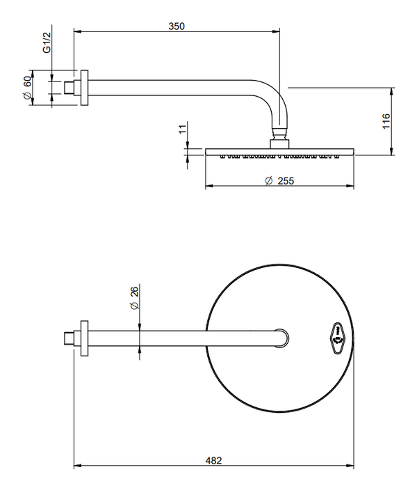Treeemme 22mm Soffione doccia 25 cm a parete braccio 35 cm inox satinato