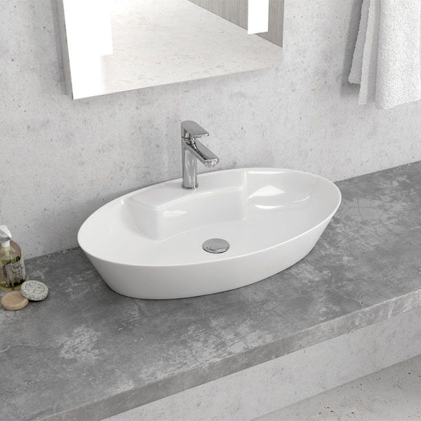 New Line O3 Lavabo 61x36,5 Da Appoggio con bordo rubinetteria In Porcellana Bianco