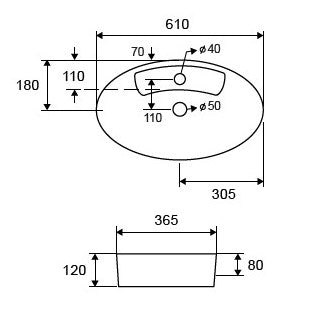 Ciotola 61x36,5 Da Appoggio con bordo rubinetteria In, vista laterale del profilo e della forma - Exagonshop