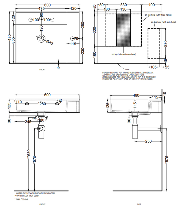 Cielo Enjoy Lavabo 60x48 Sospeso O Da Appoggio Rettangolare Con Troppopieno Bianco lucido