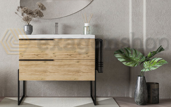 Mobile bagno Quercia naturale 100x45 Venezia a pavimento con portasciugamani e Lavabo