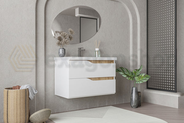 Mobile bagno 80x46 Gaia quercia naturale bianco lucido con lavabo