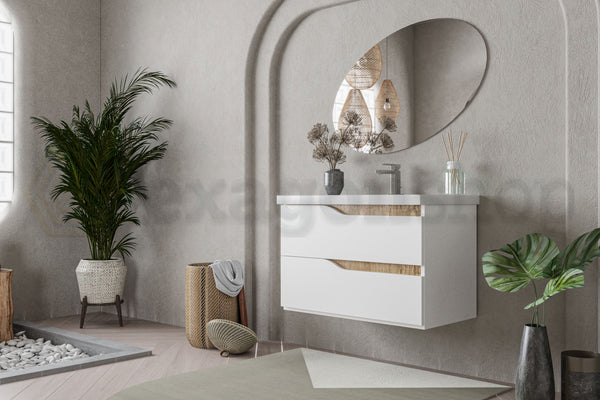 Mobile bagno 80x46 Gaia quercia naturale bianco lucido con lavabo