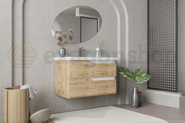Mobile bagno 100x46 Gaia quercia naturale bianco lucido con lavabo in ceramica