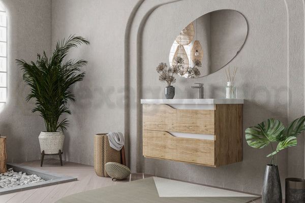 Mobile bagno 100x46 Gaia quercia naturale bianco lucido con lavabo in ceramica