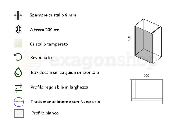 Walk in parete doccia fissa 100 H.200 cm spessore 8mm cristallo trasparente profili bianco opaco