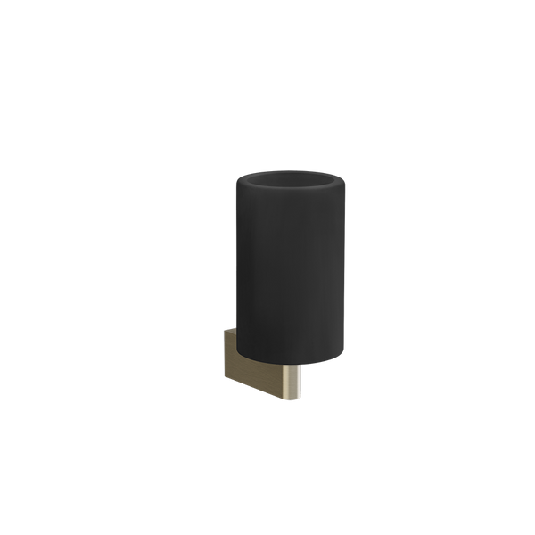 Bicchiere portaspazzolini a muro nero brass brushed pvd montato a parete, vista del design e della finitura