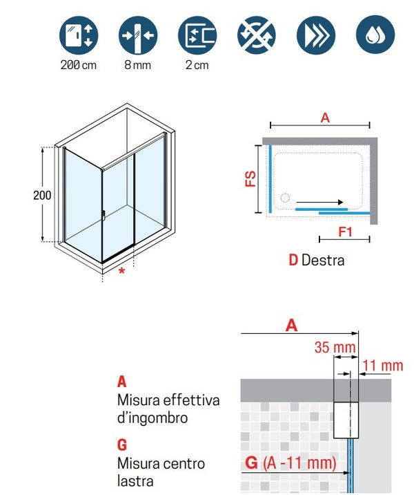 Novellini Opera Box doccia 140x80 uno scorrevole H 200 vetro 8 mm profilo bianco opaco