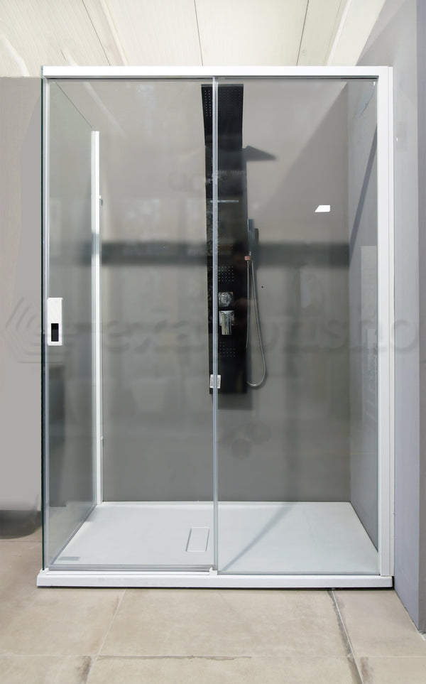 Novellini Opera Box doccia 140x80 uno scorrevole H 200 vetro 8 mm profilo bianco opaco