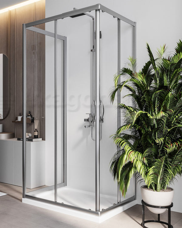 Box doccia 3 lati 70x100x70 Genio due ante scorrevoli 6 mm Cromo Lucido installato in bagno moderno con ante in vetro...