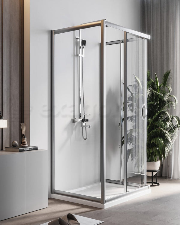 Box doccia 3 lati 70x100x70 Genio due ante scorrevoli 6 mm Cromo Lucido in bagno completo, vista d'insieme dell'ambiente...
