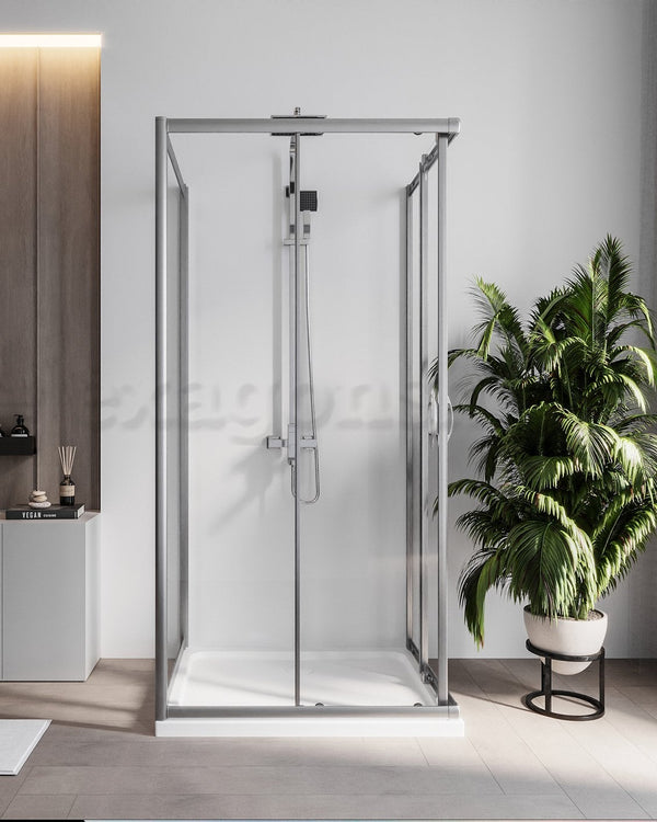 Box doccia 3 lati 70x120x70 Genio due ante scorrevoli 6 mm Cromo Lucido, dettaglio dei profili e delle cerniere in...
