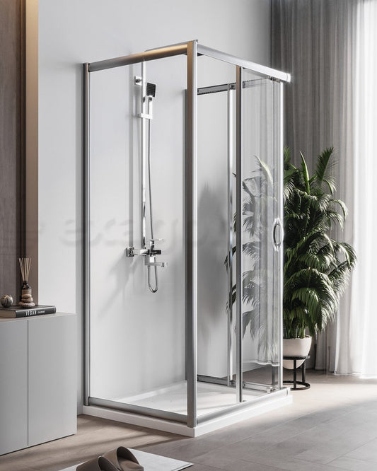 Box doccia 3 lati 70x120x70 Genio due ante scorrevoli 6 mm Cromo Lucido in bagno completo, vista d'insieme dell'ambiente...
