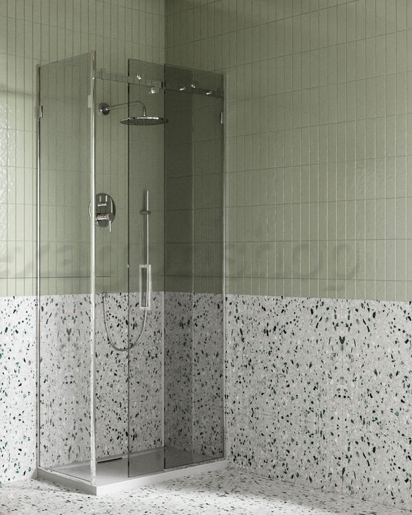 Box doccia 80x100 Sofia un anta scorrevole reversibile Cromo Lucido installato in bagno moderno con ante in vetro...