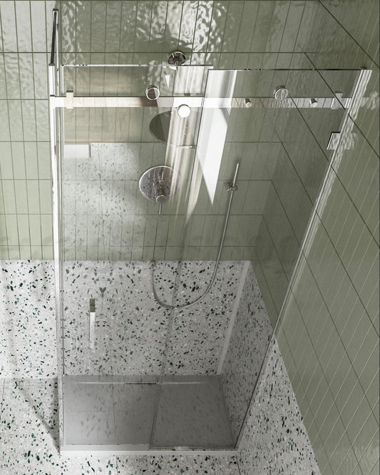 Box doccia 80x100 Sofia un anta scorrevole reversibile Cromo Lucido in bagno completo, vista d'insieme dell'ambiente...