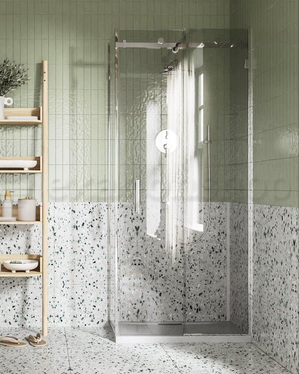 Box doccia 80x100 Sofia un anta scorrevole reversibile Cromo Lucido installato in bagno moderno con ante in vetro...