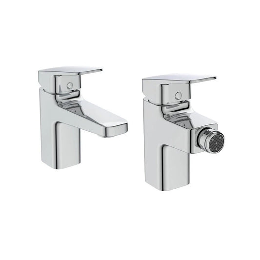 Ideal Standard Ceraplan coppia Miscelatori Lavabo e Bidet, vista frontale su sfondo bianco
