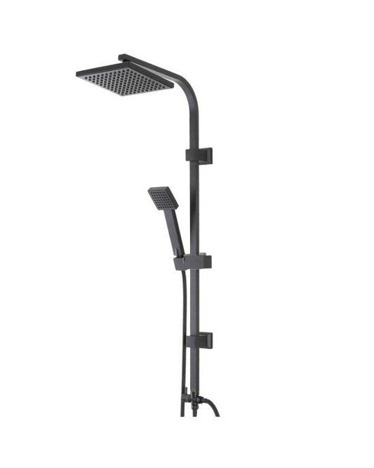 Colonna Doccia con soffione quadro in acciaio nero opaco, dettaglio ravvicinato della finitura e del marchio - Exagonshop