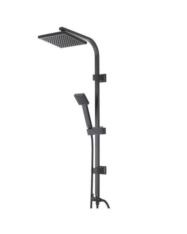 Colonna Doccia con soffione quadro in acciaio nero opaco, dettaglio ravvicinato della finitura e del marchio - Exagonshop