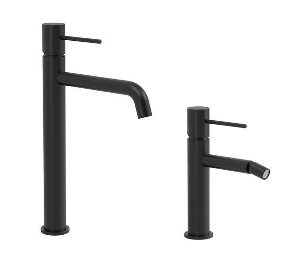 Coppia rubinetti lavabo alto e bidet in ottone nero opaco con flessibili Hidden